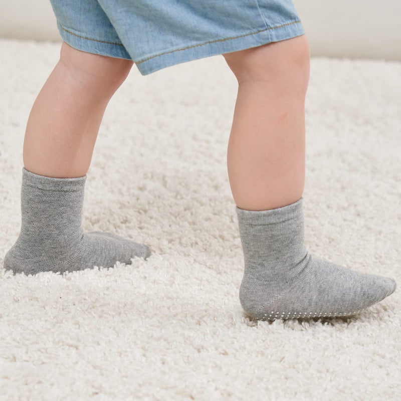 ZAPLES Baby Non Slip Grip Crew Socks with Anti Skid Soles for Infants Toddlers Kids Boys Girls, Gray, 4-7 Years - Image 4